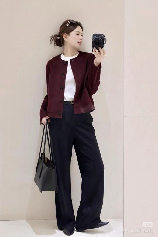 1115-2 小禾 小香风 安可拉红 绵羊毛桑蚕丝 亲肤细腻软糯 双面呢 小洋装 无领短大衣 商品图11