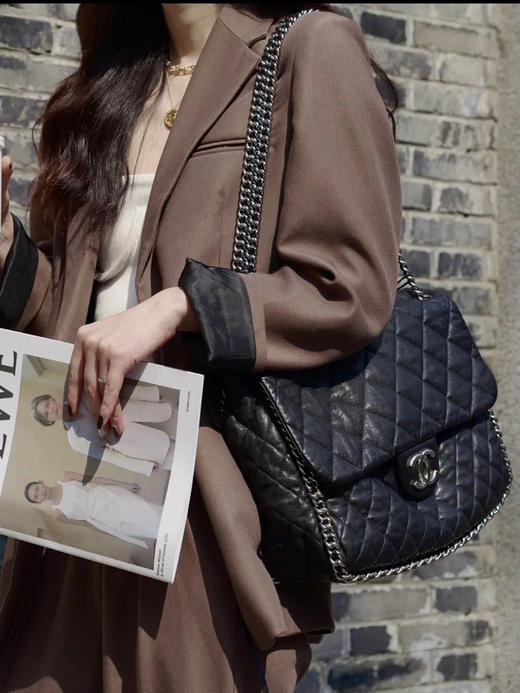 Chanel 黑银 链条滚边 大号 牛皮 机场包 商品图2