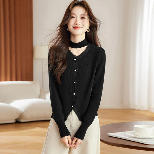 蕾丝花边V领挂脖打底衫，保暖加绒修身内搭CC-ML-2183 商品图2