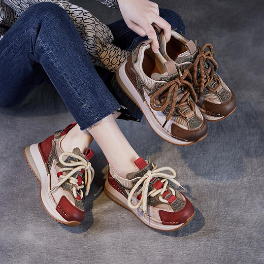 真皮复古老爹鞋厚底休闲，运动鞋烫钻红色鞋子ZM258220 商品图0