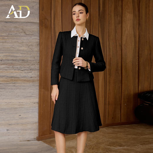 AD黑色翻领纽扣时尚套装女修身优雅气质套装2025新款羊毛呢子伞裙 商品图3