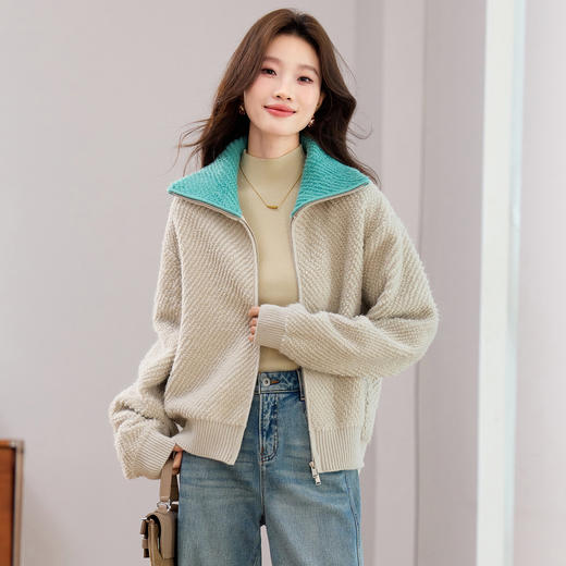 短外套撞色立领慵懒风开衫，休闲双拉链保暖毛衣外套CC-J-7038 商品图1