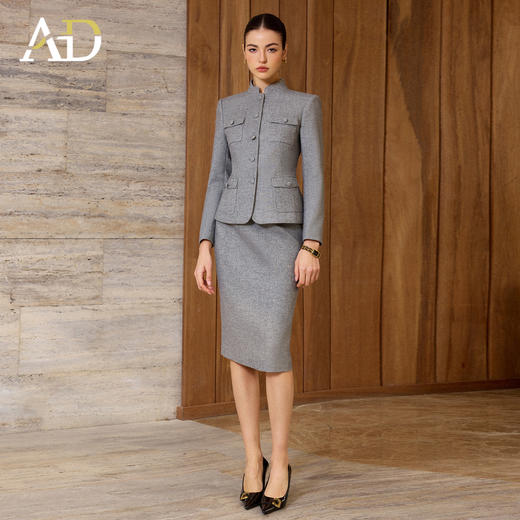 AD秋冬中式国风套装女加厚保暖职业装两件套2025新款时尚灰色西装 商品图0