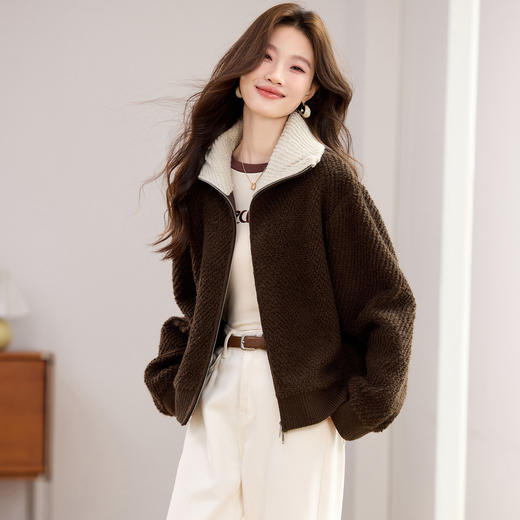 短外套撞色立领慵懒风开衫，休闲双拉链保暖毛衣外套CC-J-7038 商品图2