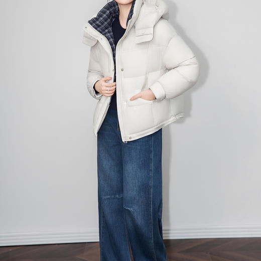 「高货wl」全新升级【铂金会员487/天猫659/差价172】(04814)洛诗琳格纹拼接90白鸭绒羽绒服2025冬季防风保暖短外套女 商品图2