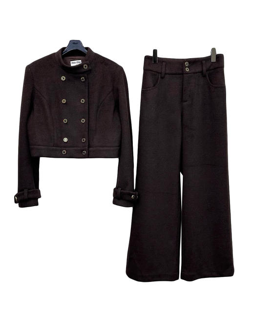 女款羊毛呢双排扣外套长裤套装zo017 商品图0