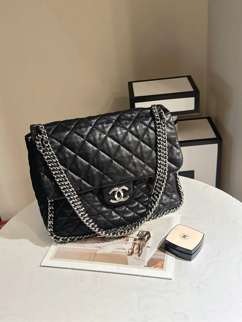 Chanel 黑银 链条滚边 大号 牛皮 机场包