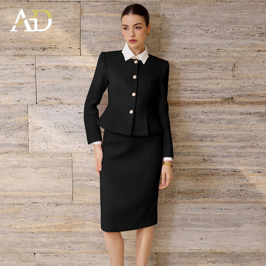 AD黑色圆领羊毛套装女修身显瘦名媛范小香风两件套2025新款外套 商品图0