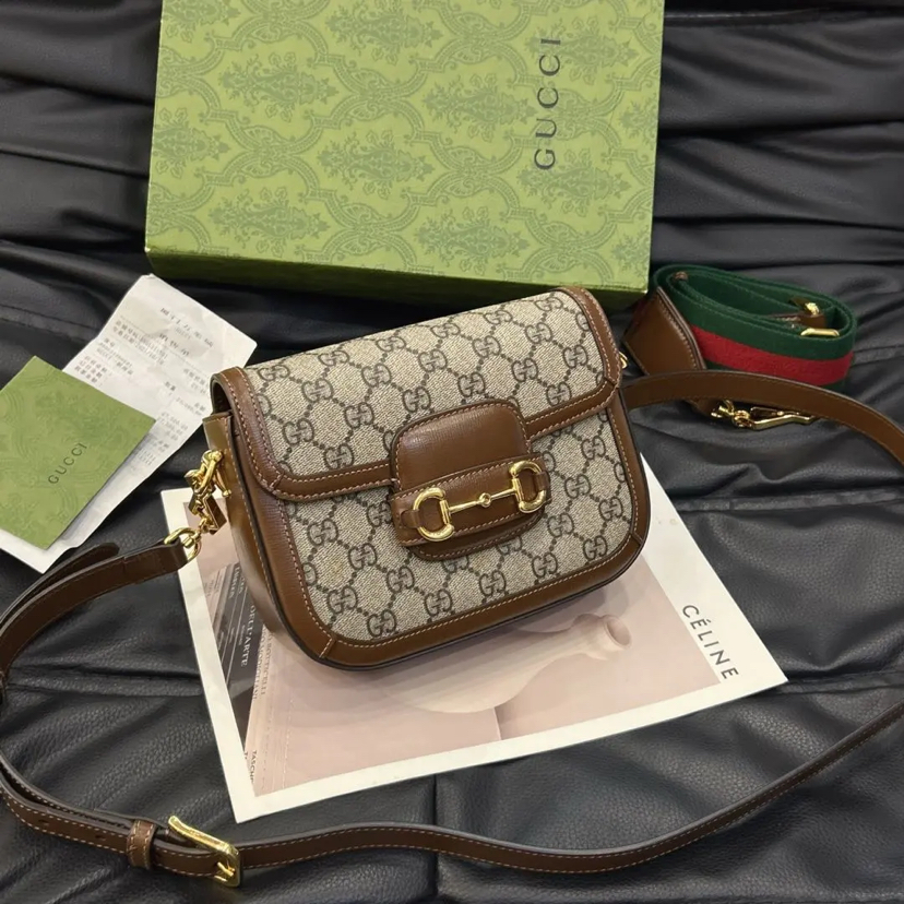 GUCCI 1955 乌木色 老花拼皮 mini 马鞍包