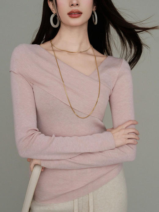 温柔设计感斜领针棉混纺法式修身别致绝美针织衫 商品图5