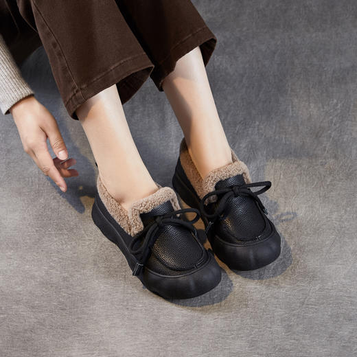 加绒保暖系带厚底休闲头层牛皮，复古平底毛毛棉鞋ZM258718 商品图2