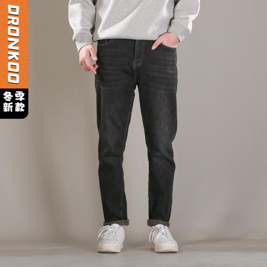 DRONKOO 2025 正常腰表袋右后袋X绣线织唛一体绒墨绿底厚牛仔长裤 商品图0