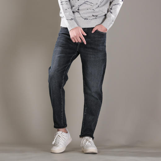 DRONKOO 2025 织带腰带表袋右后袋蓝底绣线一体薄绒厚牛仔长裤 商品图1