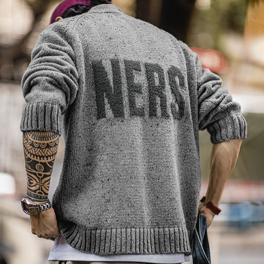 马登工装美式复古灰色提花毛衣立领垂感套头针织衫保暖外套男秋冬 商品图0