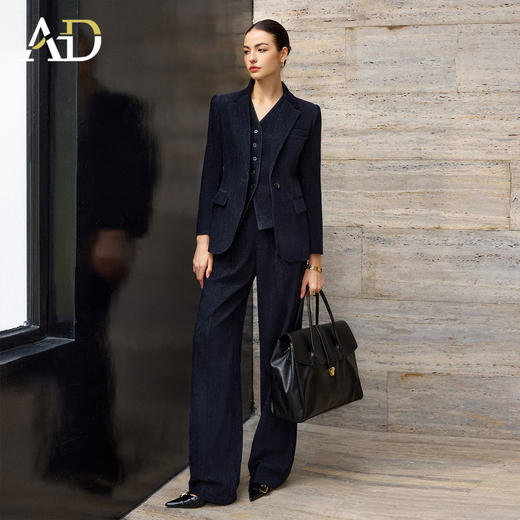 AD高级感深蓝色牛仔肌理感职业西装套装女长袖阔腿裤商务风正装 商品图0