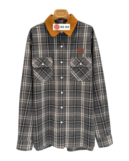 女款灯芯绒领格纹长袖衬衫 可配套装hu017 商品图0