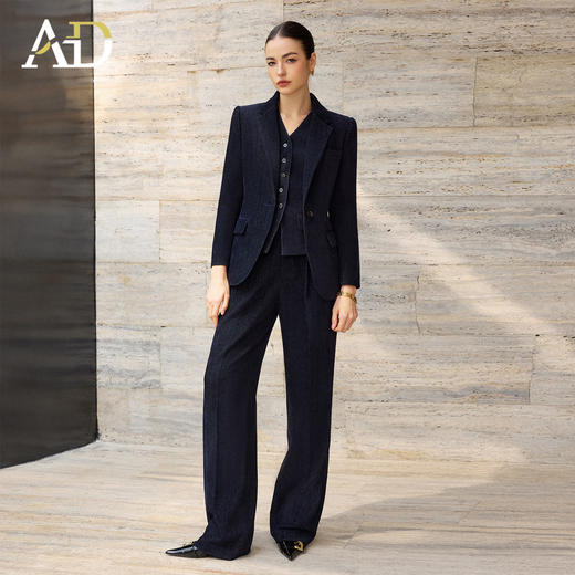 AD高级感深蓝色牛仔肌理感职业西装套装女长袖阔腿裤商务风正装 商品图2