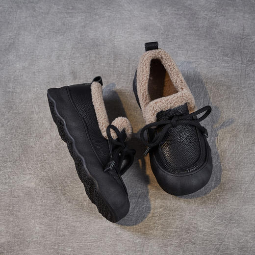 加绒保暖系带厚底休闲头层牛皮，复古平底毛毛棉鞋ZM258718 商品图3