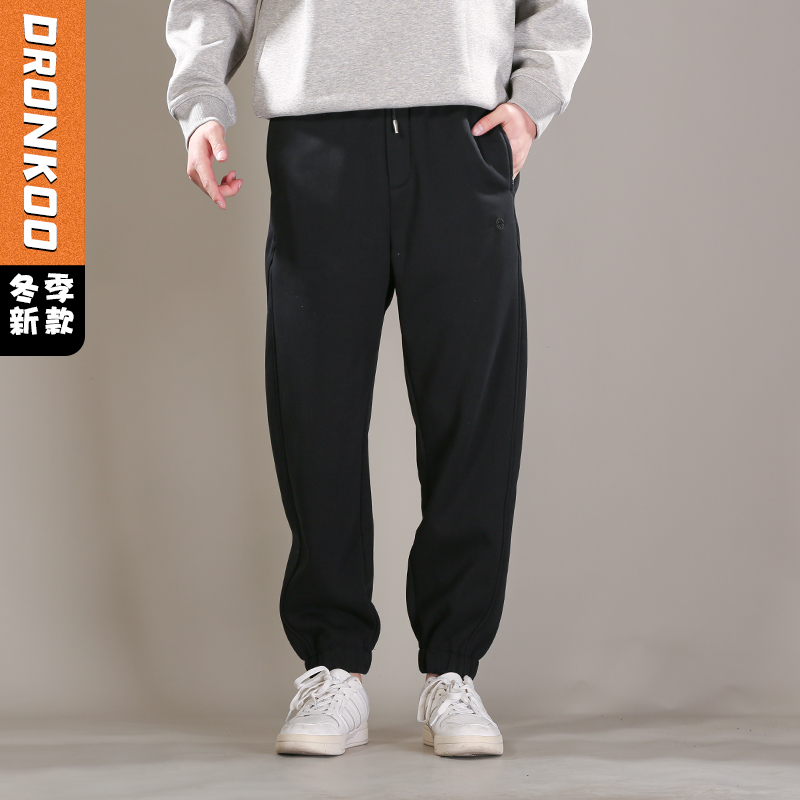 DRONKOO 2025 抽绳松紧腰左侧错位O刺绣橡筋口复合厚绒厚长卫裤