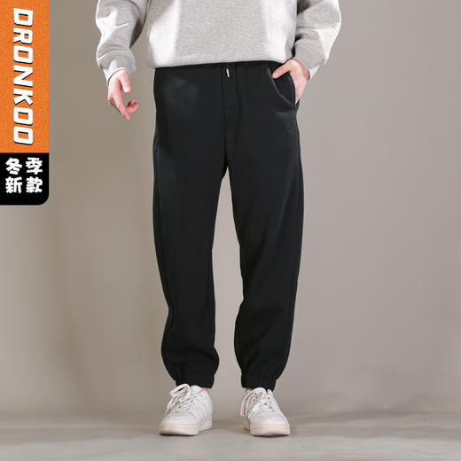 DRONKOO 2025 抽绳松紧腰左侧错位O刺绣橡筋口复合厚绒厚长卫裤 商品图0