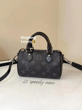 LV speedy nano 黑老花 帆布拼皮 斜挎包