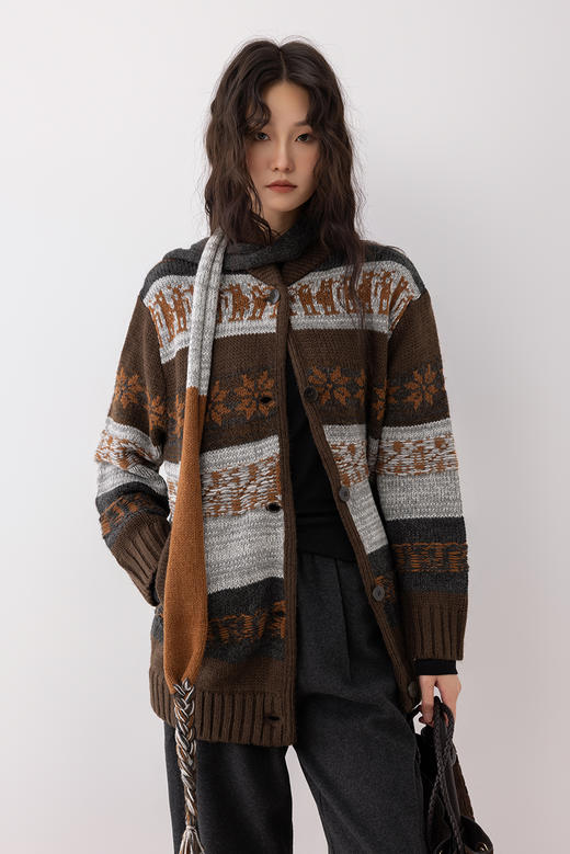 COCO ZONE 秋冬设计感拼色圆领单排扣针织开衫CC1D2510 商品图2