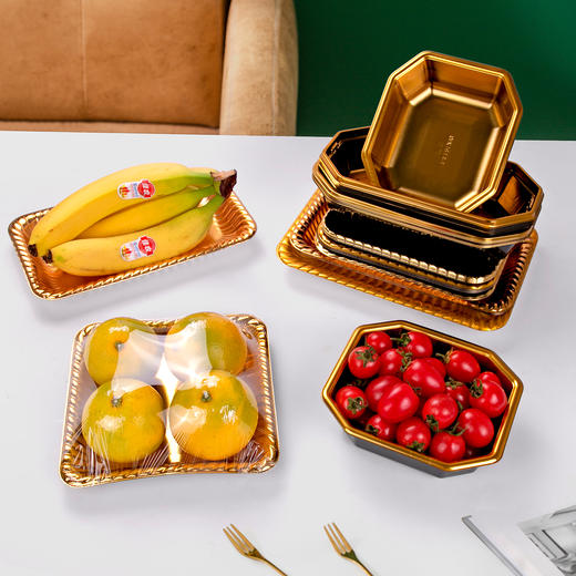 喇叭花水果生鲜柚子车厘子外卖打包一次性金色水果托盘高档果切金色塑料 商品图1