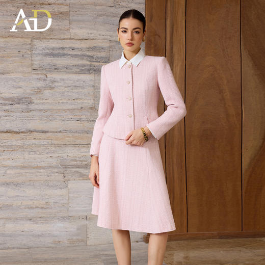 AD粉色名媛西装套装女新款伞裙肌理感小香风两件套秋冬羊毛短外套 商品图1