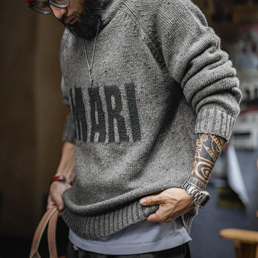 马登工装美式复古灰色提花毛衣立领垂感套头针织衫保暖外套男秋冬 商品图3