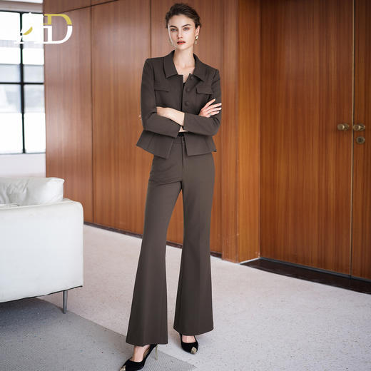 AD秋冬季磨毛套装女士职场通勤两件套2025新款棕色收腰正装阔腿裤 商品图3