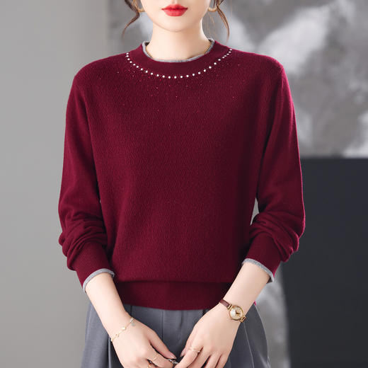 高级感100纯羊毛衫，钉珠短款绵羊毛打底衫上衣服CC-10-6903 商品图1