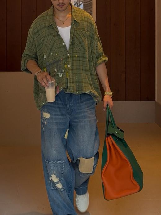 男款手绘喷墨格子长袖衬衫lv 商品图3