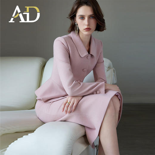AD韩版名媛范套装女小立领短外套2024新款冬季毛呢粉色中长款裙子 商品图0