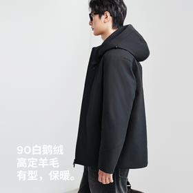 棉仓367815016-【90白鹅绒】冬季含羊毛压胶机能防风连帽短款鹅绒羽绒服男