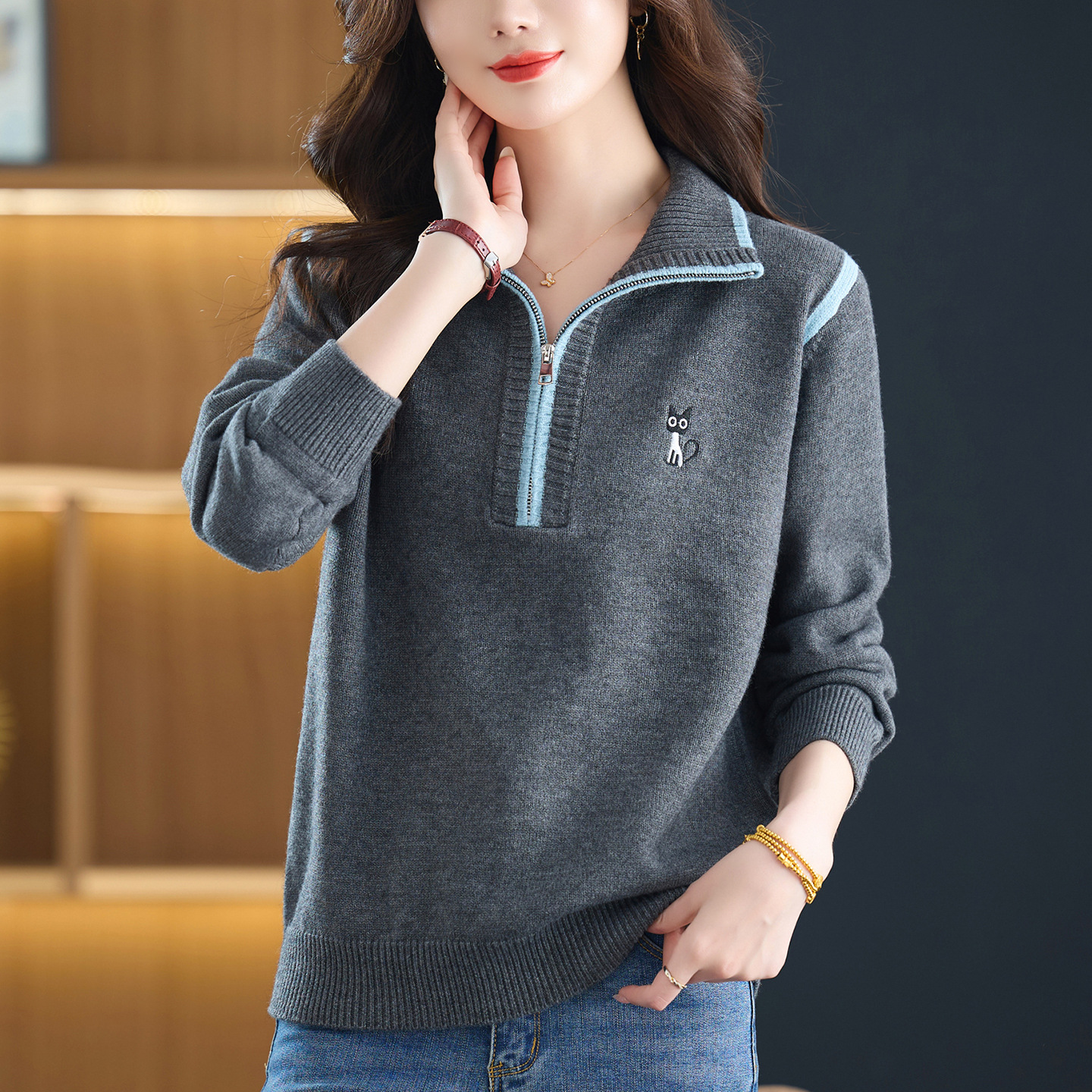 半拉链打底衫洋气时髦时尚毛衣，内搭可外穿妈妈针织上衣CC-26-9199