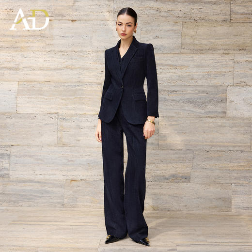 AD高级感深蓝色牛仔肌理感职业西装套装女长袖阔腿裤商务风正装 商品图1