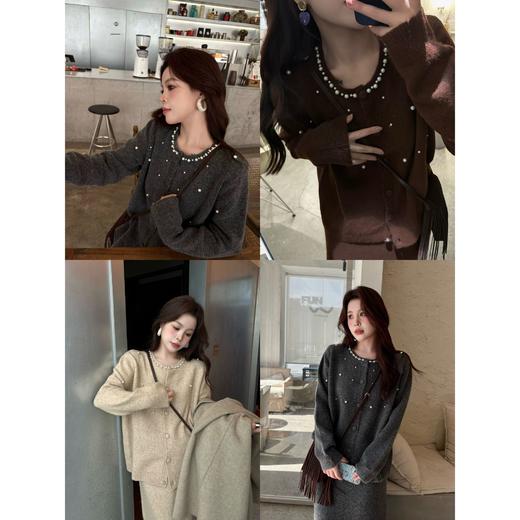 25AW上新 甜甜同款【奶霜珍珠】小香风钉珠针织毛衣开衫+垂感直筒半身裙 商品图0