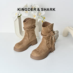 经典鲨2025年专柜新品百搭圆头复古加绒保暖平底套筒短靴女KW119-558171