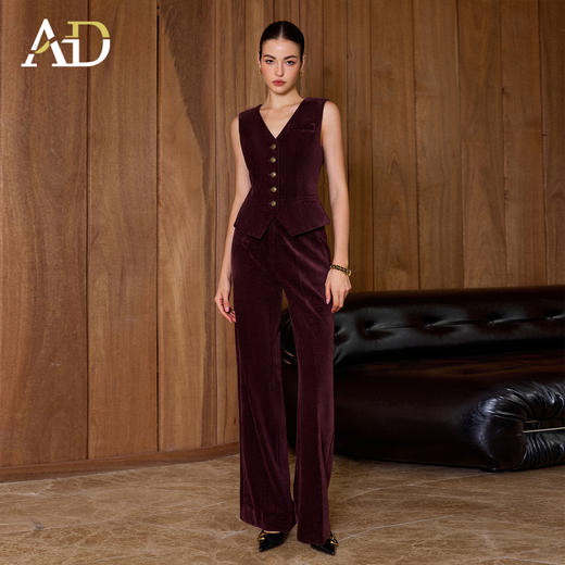 AD复古老钱风V领排扣马甲女2025冬季丝绒无袖西装马夹高级感套装 商品图3