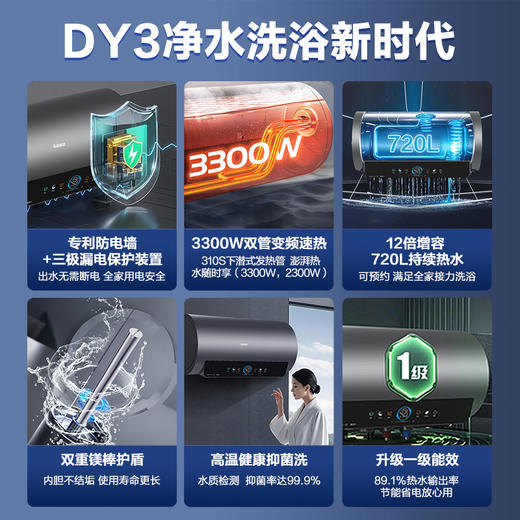 格兰仕热水器 60升家用3300W高效速热 变频双管加热省电一级能效长效保温99.99%除菌健康洗安全防护GD60-33DY3 商品图1