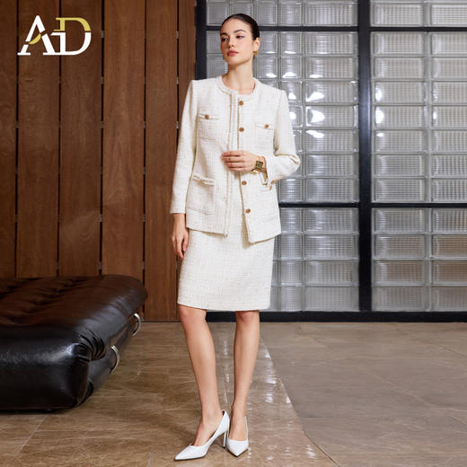 AD小香风白色粗花呢套装女秋冬千金风外套高级感羊毛连衣裙两件套 商品图0