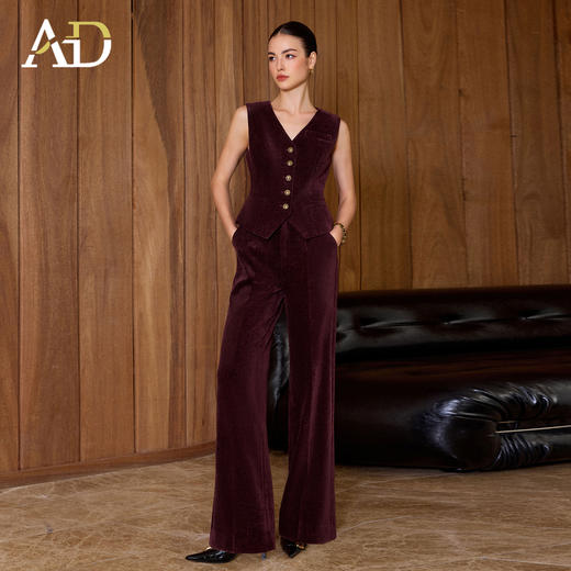 AD复古老钱风V领排扣马甲女2025冬季丝绒无袖西装马夹高级感套装 商品图2