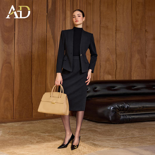AD黑色人字纹羊毛西装套装女气质无领一粒扣高智感商务西服正装冬 商品图0