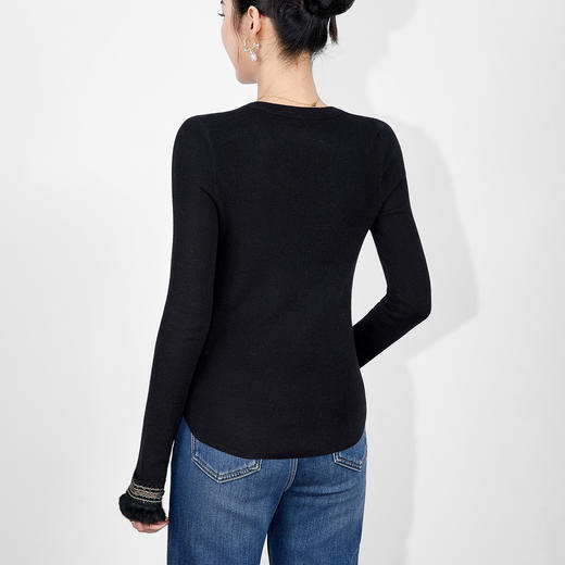 「高货wl」全新升级【铂金会员183/天猫239/差价56】(03312)洛诗琳羊毛混纺袖口拼接兔毛针织衫2025冬季新款U领上衣女 商品图2