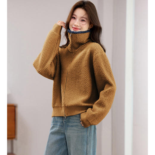 短外套撞色立领慵懒风开衫，休闲双拉链保暖毛衣外套CC-J-7038 商品图0
