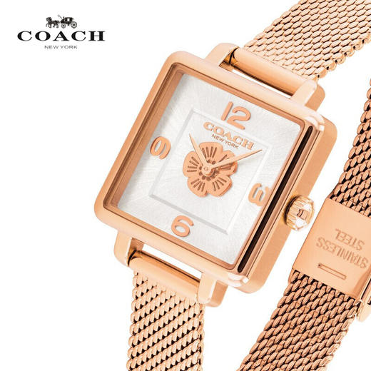 【主持人亲测严选·蔻驰CASS系列】COACH/蔻驰CASS系列茶玫瑰日晖纹表盘精钢表链小方表女表 商品图1