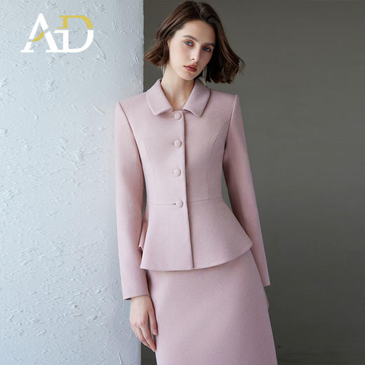 AD韩版名媛范套装女小立领短外套2024新款冬季毛呢粉色中长款裙子 商品图1