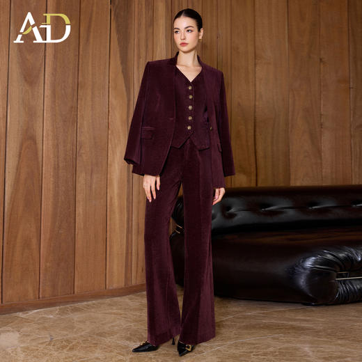 AD老钱风西装三件套女2025秋冬加厚灯芯绒马甲套装红色显瘦阔腿裤 商品图2