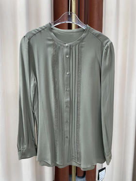 「断码清仓」圆领蕾丝拼接压褶优雅真丝衬衫 L码 ZFYY072