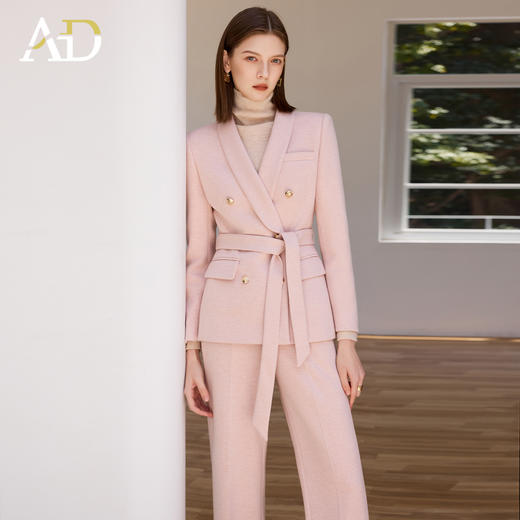 AD粉色西装外套女气质收腰系带羊毛西服正装2025新款呢子阔腿裤 商品图1